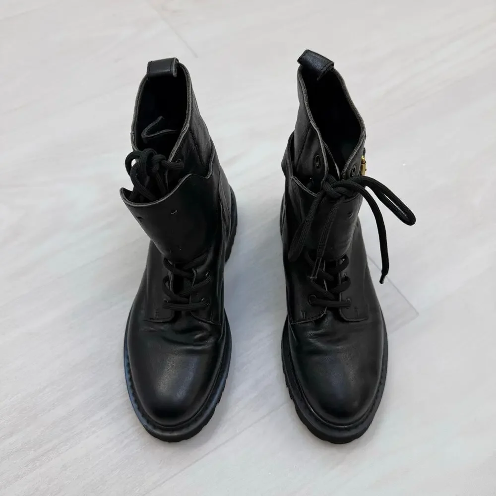 Valentino Black Leather Lace-Up Boots with Gold V-Buckle